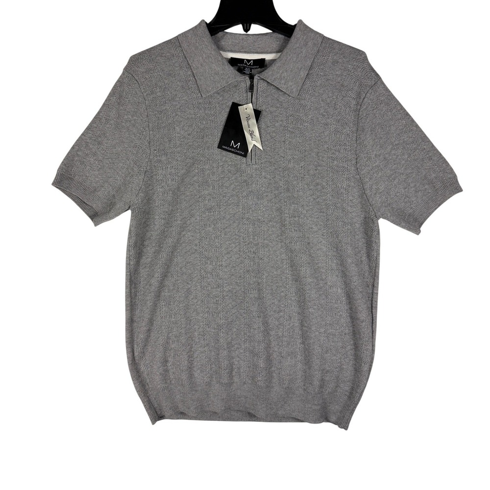 Magaschoni Men Gray Viscose Blend Quarter Zip Short Sleeve Knit Polo Shirt M NWT